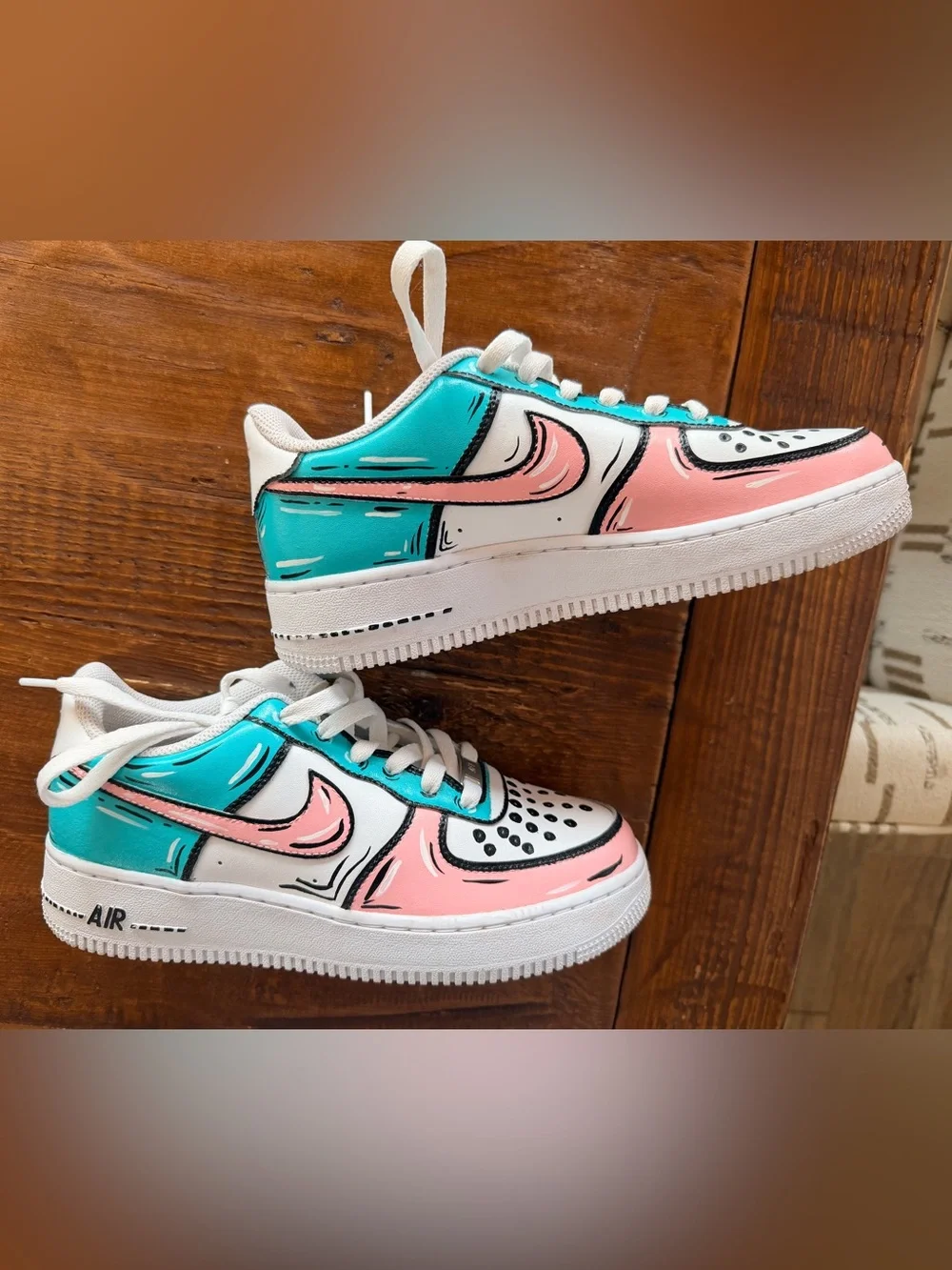 Nike Kids Pink & Teal Cartoon-Style Air Force 1 Sneakers